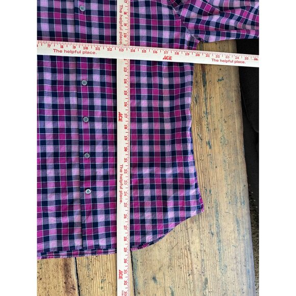 Mens‎ Express Pink Navy Plaid Shirt M 15-15.5 100% Cotton Long Sleeve Fitted - Picture 6 of 6